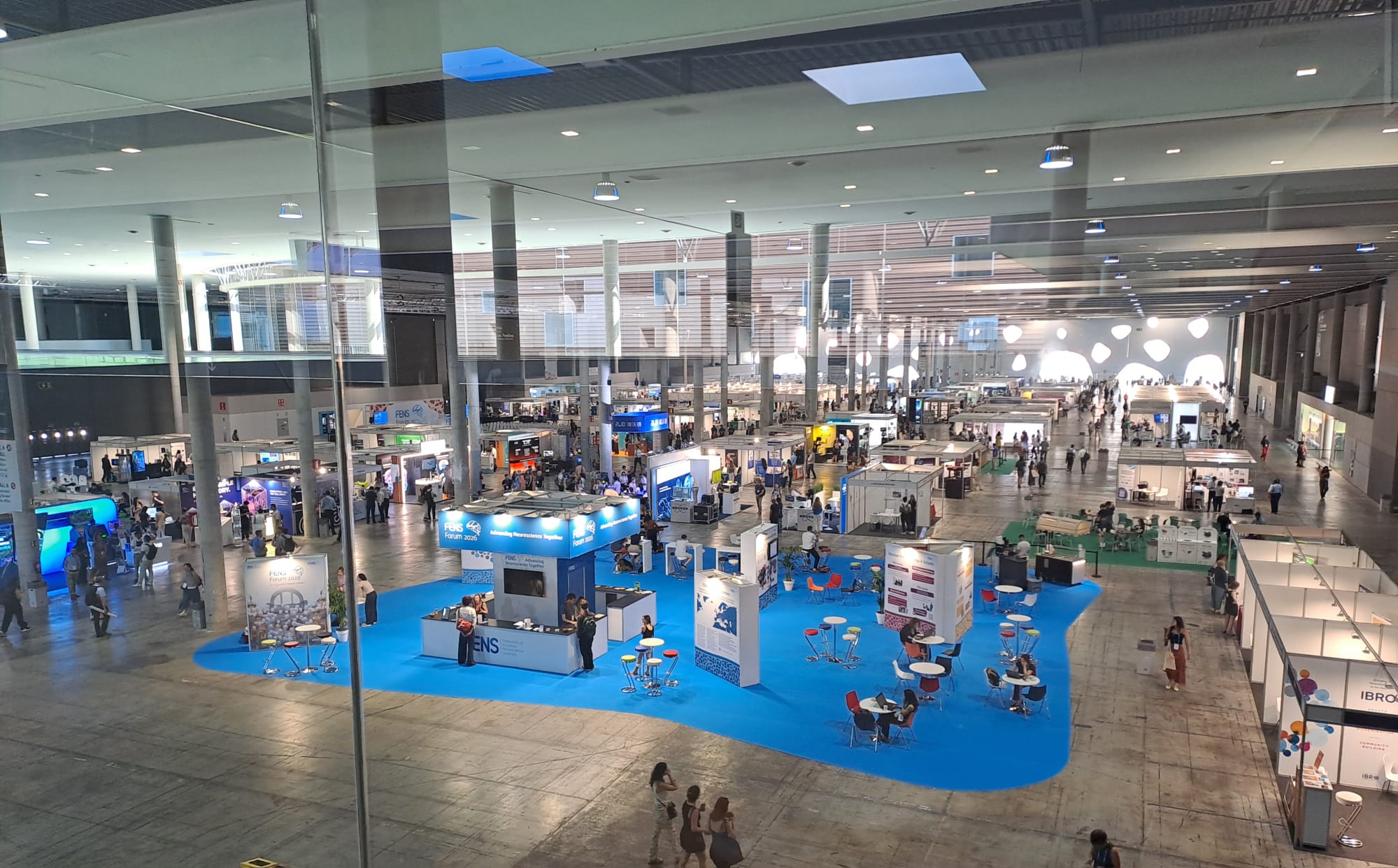 Booths and exhibition stands at the FENS 2026 conference in Barcelona. FENS is the largest neuroscience conference in Europe.